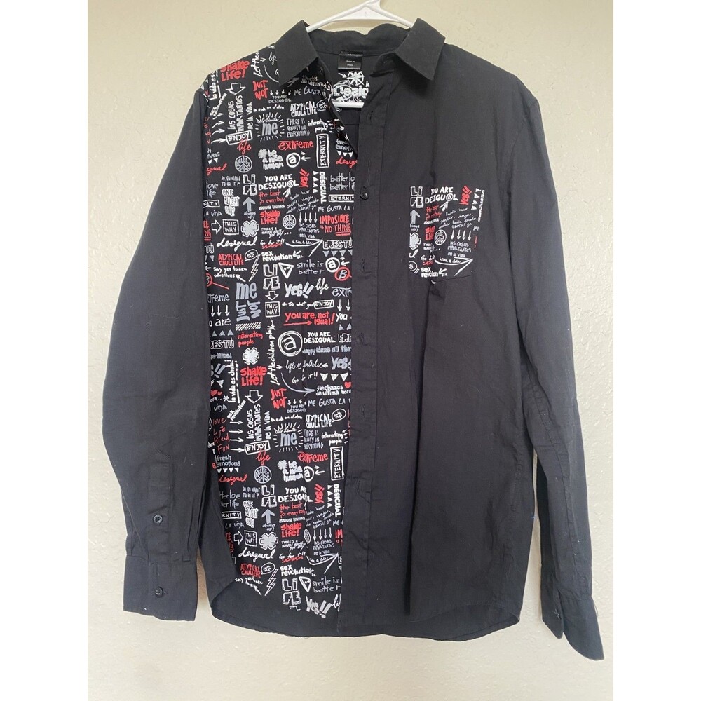 Desigual Black men long sleeve button down Letters handwrite Design Sz Large